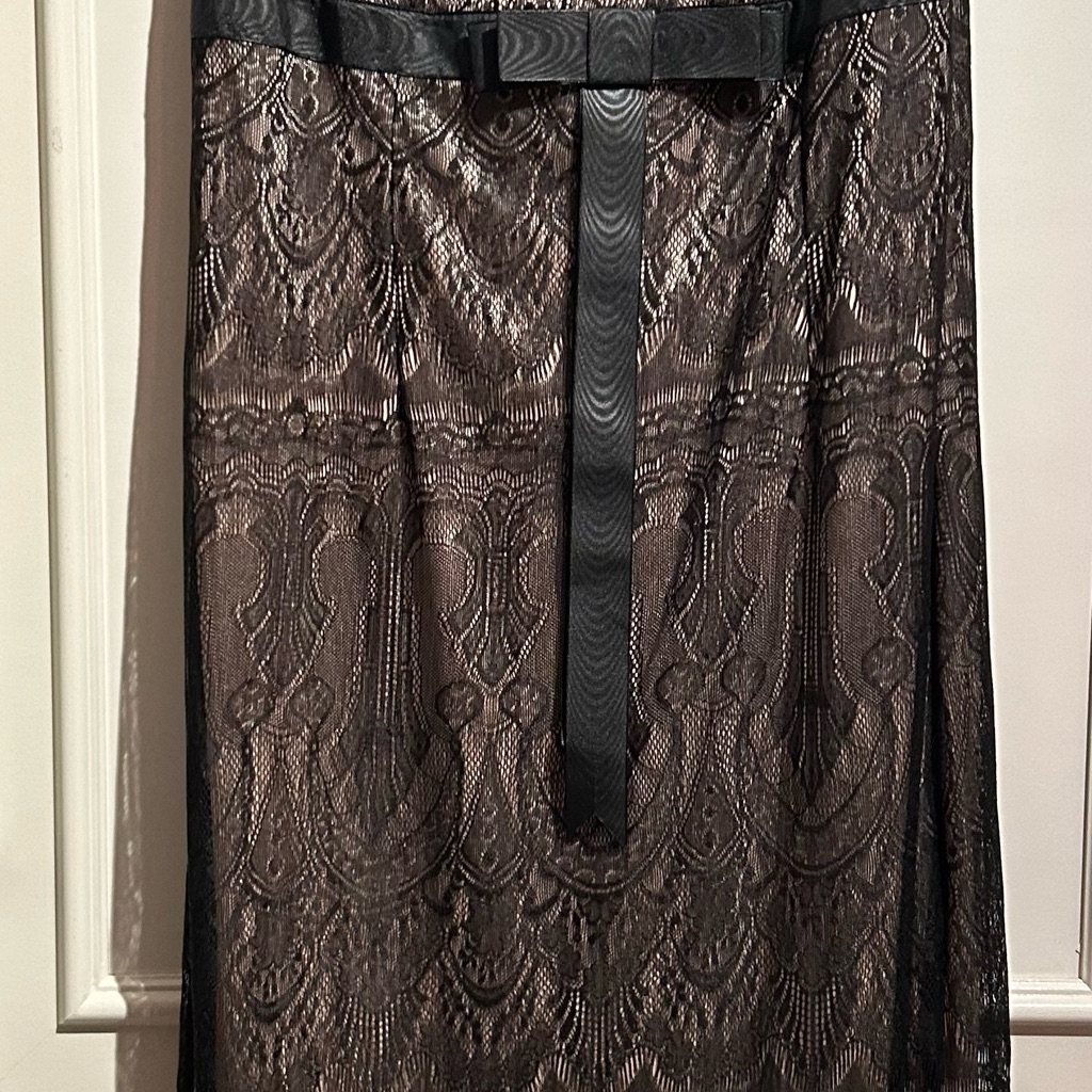 Beige Lined With Black Lace Over Midi Dress